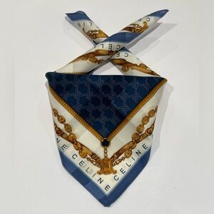 Celine Vintage Handkerchiefs Scarf Bannada Logo Blue Cotton Pocket Square 19.5”